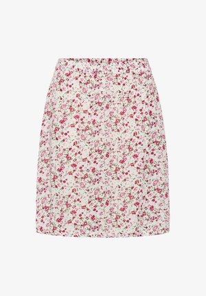 Blumendruckrock mit einem elastischen Bund. Leichter Stoff mit kleinen rosa und grünen Blumen auf einem weißen Hintergrund.