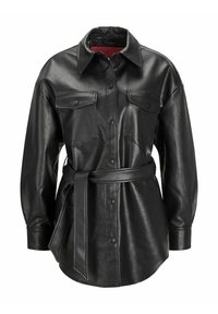 Musta nahkapaita, jossa on pitkät hihat, nappisulku, kaksi rintataskua ja vyötärölle sidottu vyö. Sileä pinta, jossa on kiiltävä viimeistely.