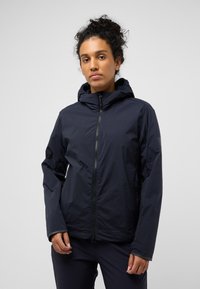 Giacca a vento navy con cappuccio, dotata di zip frontale completa, polsini elasticizzati e materiale leggero e resistente all'acqua.