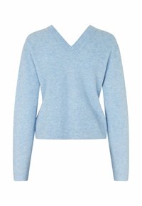 Lichtblauwe geribbelde gebreide trui met lange mouwen, een V-hals en een licht cropped pasvorm, weergegeven op een witte achtergrond.