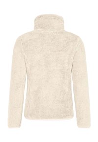 Lichtbeige, fleece-achtige jas met een hoge kraag en lange mouwen. Zachte textuur, geen zichtbare sluitingen of patronen op de achterkant.