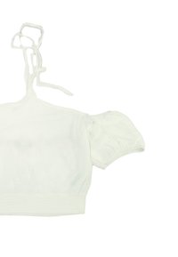 Weißes Cropped-Top mit kurzen Puffärmeln und einer Rückenknotenschließe. Das Material wirkt leicht und leicht strukturiert.