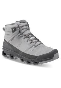 Waterproof gray mid-top hiking shoe with textured fabric, rubber sole, and reflective hardware. Features lacing system and reinforced toe cap.
