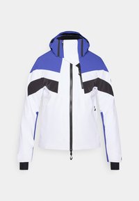 Pánska bunda v kombinácii bielej, modrej a čiernej farby. Vyrobená z hladkého materiálu, s kapucňou, predným zipsom a manžetami na zápästiach.