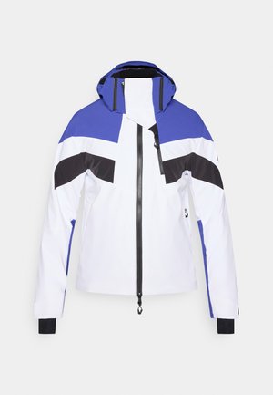 Vīriešu jaka ar balto, zilo un melno krāsu kombināciju. Izgatavota no gludas materiāla, ar kapuci, priekšpuses rāvējslēdzēju un plaukstas locītavu aprocēm.