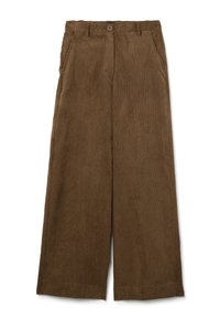 Brown corduroy wide-leg trousers with a high waist, featuring side pockets and a front button closure. Textured fabric with vertical ribbing.