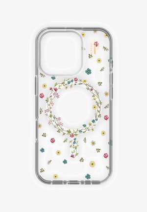 Custodia per telefono trasparente con piccoli fiori colorati e un motivo a corona floreale con il simbolo di Venere centrato attorno a un porta anelli circolare.