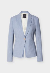 Ανοιχτό μπλε σακάκι με μονο ξύλινο κουμπί, γιακά με εγκοπή, δύο μπροστινές τσέπες και εσωτερική φόδρα σε κρεμ χρώμα.