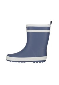 Botte de pluie en caoutchouc bleu marine avec des rayures horizontales blanches, bout rond, semelle texturée et tirette à l'arrière pour un enfilage facile.