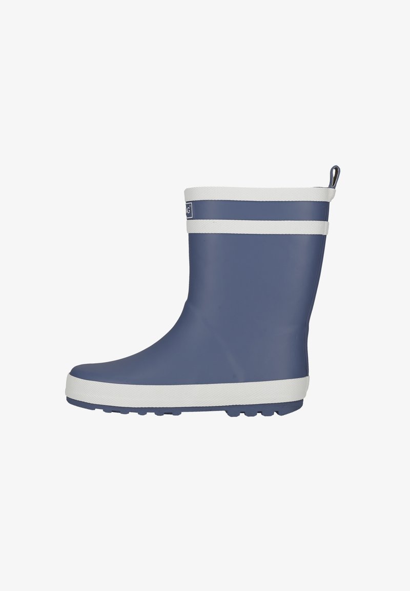 Botte de pluie en caoutchouc bleu marine avec des rayures horizontales blanches, bout rond, semelle texturée et tirette à l'arrière pour un enfilage facile.