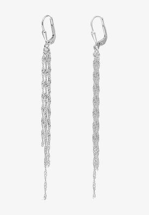 Zilverkleurige lange ketting tassel oorbellen met hefboomsluitingen, met meerdere fijne textuurdraden die aan elke sluiting hangen.