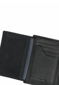 Cartera de cuero negro con superficie texturizada, que cuenta con múltiples ranuras para tarjetas, un compartimento de malla y un forro interior gris.