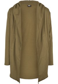 Veste à capuche vert olive à ouverture frontale, manches longues, poches latérales, avec étiquette de la marque Urban Classic à l'intérieur du col.