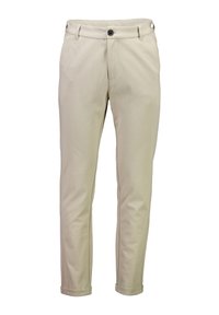 Pantaloni beige su misura realizzati in tessuto morbido, con zip frontale, chiusura a bottone e orli arrotolati per un aspetto strutturato.