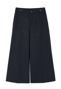 Marineblauwe wijde broek van lichtgewicht stof, met een vlakke voorkant, twee knopen en zijzakken. Gladde textuur met een ontspannen pasvorm.