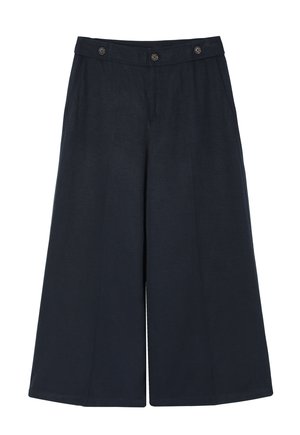 Navy wide-leg trousers made of lightweight fabric, featuring a flat front, two buttons, and side pockets. Smooth texture with a relaxed fit.