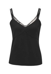 Zwart camisole top met spaghetti bandjes. Heeft een verfijnde kantafwerking langs de V-hals en een gebogen zoom voor een aansluitende look.