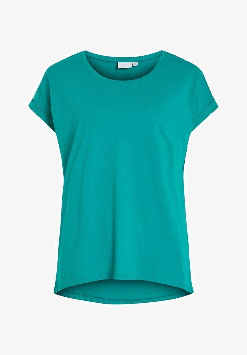 T-shirt pour femmes bleu sarcelle à manches courtes avec encolure ronde, ourlet arrière légèrement plus long et revers de manches pliés.