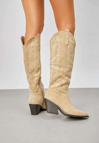 Bottes en suède beige montantes avec des pointes effilées, des talons carrés et des coutures décoratives le long du tige. Fermeture éclair sur le côté pour un enfilage facile.