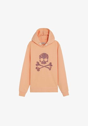 Pfirsichfarbener Hoodie mit einem lila Totenkopf- und Knochen-Design, das florale Muster auf der Vorderseite zeigt, dargestellt auf weißem Hintergrund.