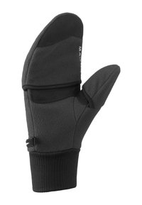 Fleece mitts in black with a textured finish, featuring a thumb section, elastic wrist, and a securing strap for adjustability.