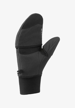 Fleece mitts in black with a textured finish, featuring a thumb section, elastic wrist, and a securing strap for adjustability.