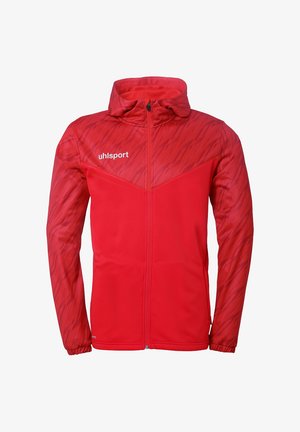 Rød sportsjakke med mønsterdesign, fuld lynlås og hætte. Har elastiske manchetter og et logo på den øverste venstre side.
