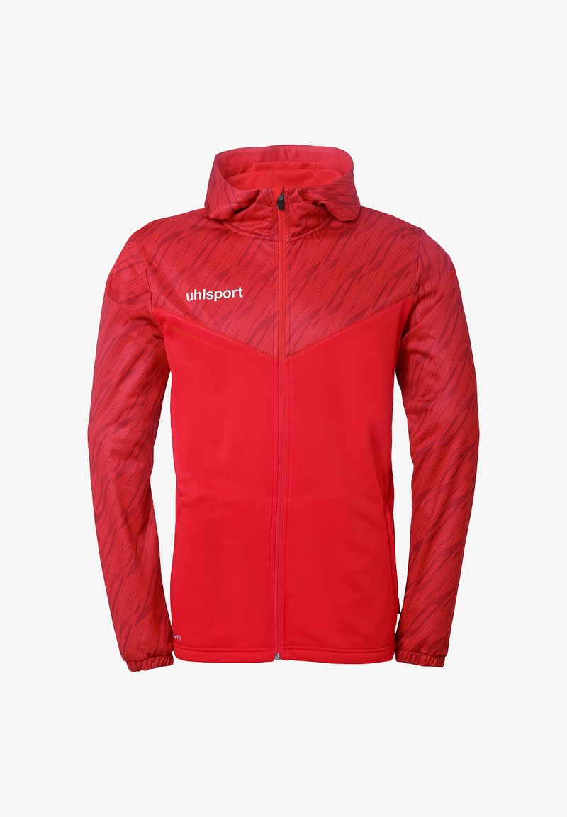 Rød sportsjakke med mønsterdesign, fuld lynlås og hætte. Har elastiske manchetter og et logo på den øverste venstre side.