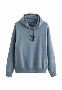 Jasnoniebieska bluza z kapturem z troczkiem, z grafiką logo w ciemnoszarym kolorze na przodzie. Wykonana z miękkiej, teksturowanej tkaniny z prążkowanymi mankietami.