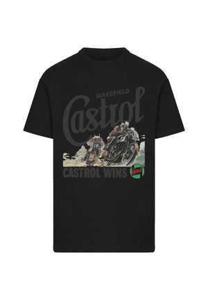 Black cotton t-shirt featuring a graphic of motorcycle racers, "Castrol Wins" text, and a circular Castrol logo in green and red.