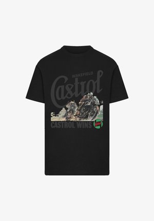 Schwarz Baumwoll-T-Shirt mit Grafik von Motorrad-Rennfahrern, dem Text "Castrol gewinnt" und einem runden Castrol-Logo in grün und rot.