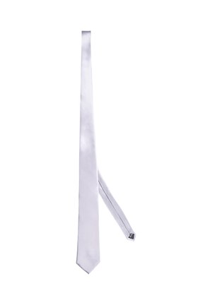 Cravatta di seta di colore argento chiaro, design snodato, texture liscia, punta a forma appuntita, con un piccolo etichetta all'estremità stretta.
