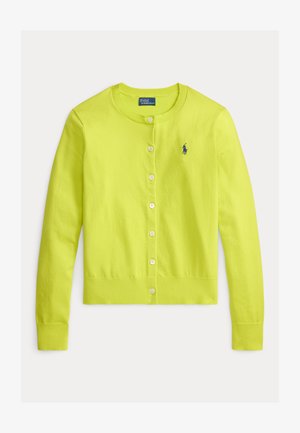 Spilgti dzeltena kardigāna, viegls adījums, apaļa kakla izgriezums, pogu aizdare, garas piedurknes, ribots aproču un apakšmalas apdare, uz krūtīm neliels logotips.