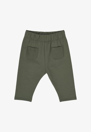 Olivově zelené bavlněné kalhoty s elastickým pasem, se dvěma zadními kapsami a zúženým střihem nohavic. Měkká textura a jednoduchá konstrukce.