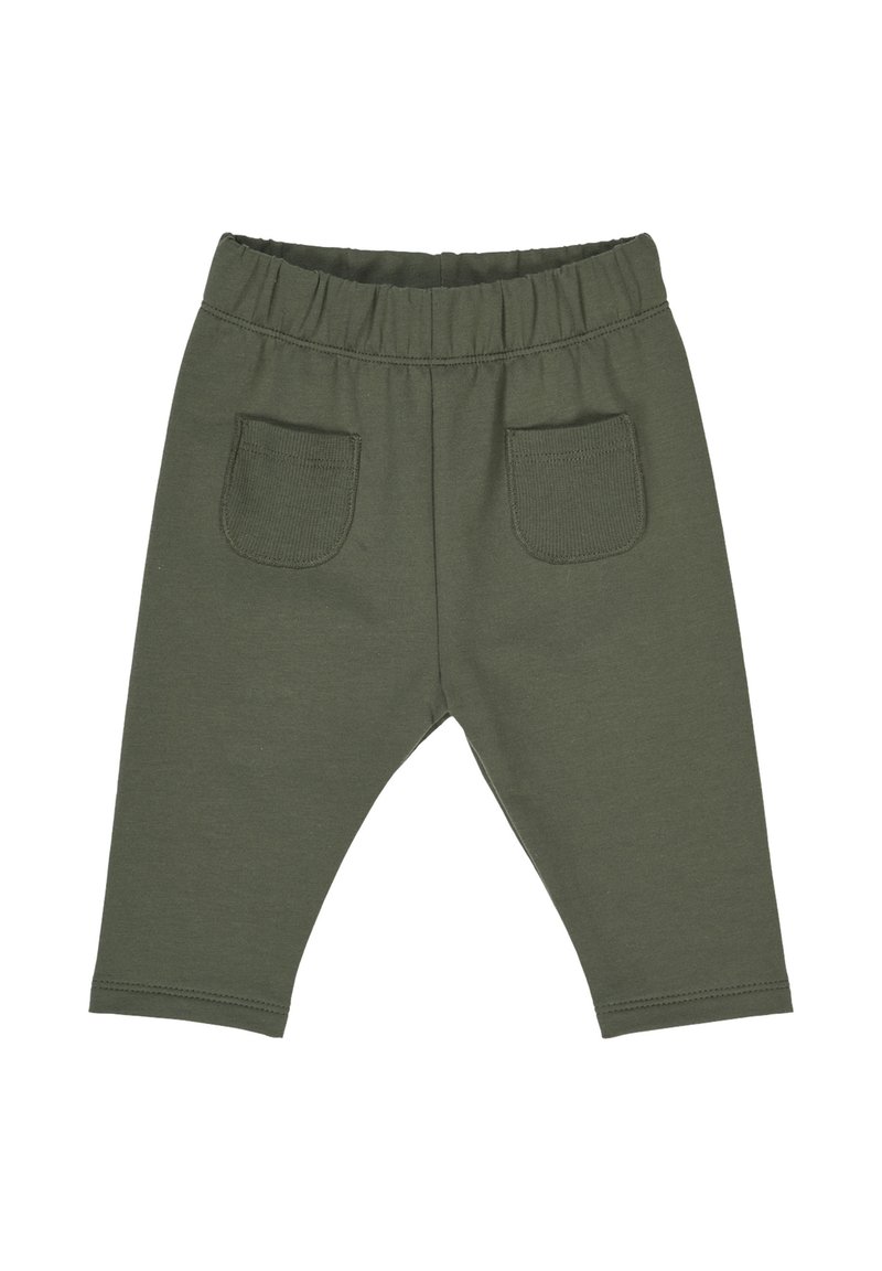 Pantaloni in cotone verde oliva con cintura elastica, dotati di due tasche posteriori e design a gamba affusolata. Texture morbida e costruzione semplice.