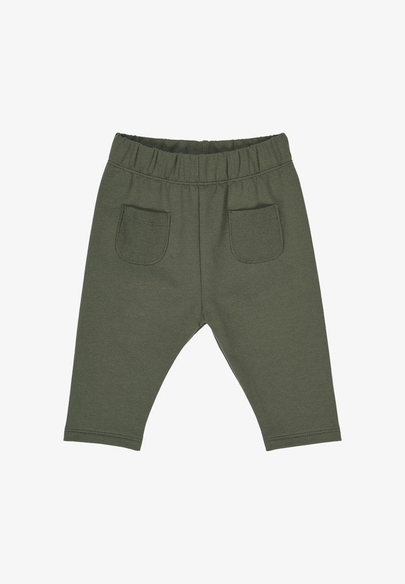 Olivově zelené bavlněné kalhoty s elastickým pasem, se dvěma zadními kapsami a zúženým střihem nohavic. Měkká textura a jednoduchá konstrukce.