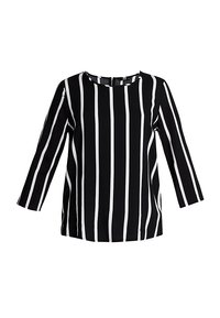 Svart blus med långa ärmar, vita vertikala ränder, rund halsringning och dragkedjestängning i ryggen.