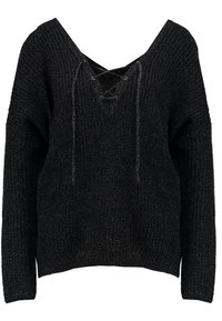 Pull en tricot noir avec un col en V et des détails à lacets. Manches longues, texture douce et coupe légèrement oversize. Ourlet et poignets côtelés.