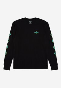 Sort langærmet T-shirt lavet af bomuld, med et lille grønt diamantlogo på brystet og mønstrede grønne detaljer på begge ærmer.