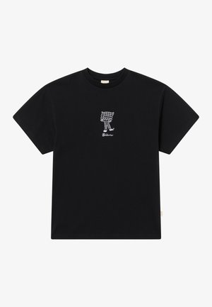 Black cotton t-shirt with short sleeves, featuring a white graphic design and text "Bleu" on the front, round neckline, and relaxed fit.