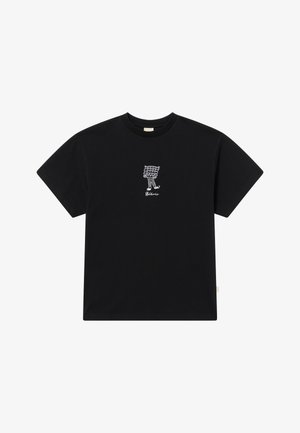 Svart bomullströja med korta ärmar, med en vit grafisk design och texten "Bleu" på framsidan, rund halsringning och avslappnad passform.