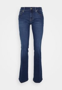 Dark blue flared jeans made of denim, featuring a high waist, five-pocket design, and gold-tone hardware on the front button and zipper.
