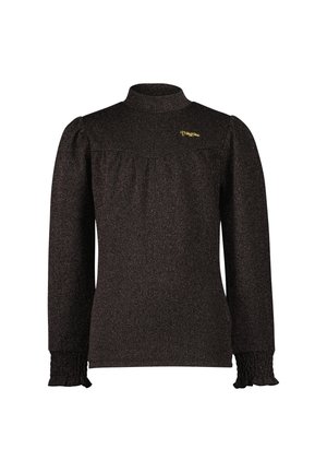 Black long-sleeve ribbed knit top with mock neck, puffed shoulders, ruffled cuffs, and small gold "Vingino" logo on chest.