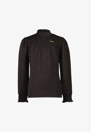 Sort langærmet ribstrikket top med høj hals, puffede skuldre, flæsekantede manchetter og lille gyldent "Vingino"-logo på brystet.