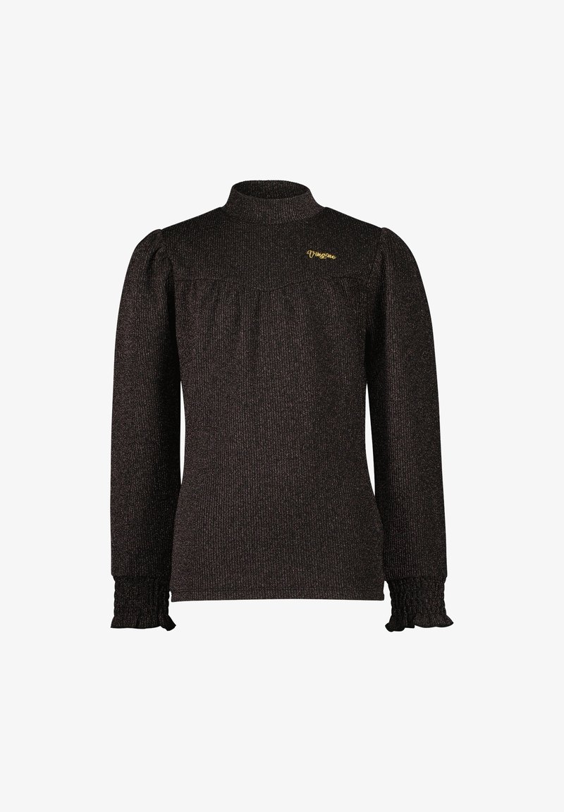 Top noir à manches longues en maille côtelée avec col montant, épaules bouffantes, poignets à volants et petit logo doré "Vingino" sur la poitrine.