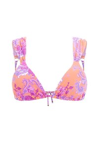 Triangular bikini top in orange with purple ornate floral and paisley patterns. Ruffled straps and adjustable tie front for fit.