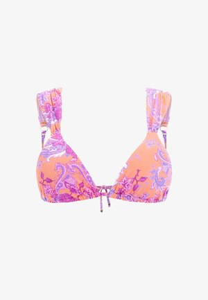 Haut de bikini triangulaire orange avec des motifs floraux et de paisley ornés en violet. Bretelles froncées et lien ajustable à l'avant pour un meilleur ajustement.