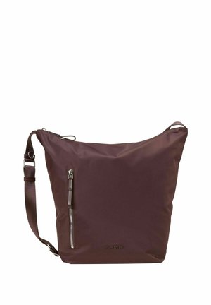 Brown nylon shoulder bag with a zippered pocket on front, adjustable strap, and soft texture. Features minimal branding at the bottom.