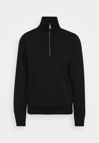 Felpa nera con collo alto e mezza zip anteriore. Tessuto morbido, polsini e fascia in vita a coste con una texture liscia.