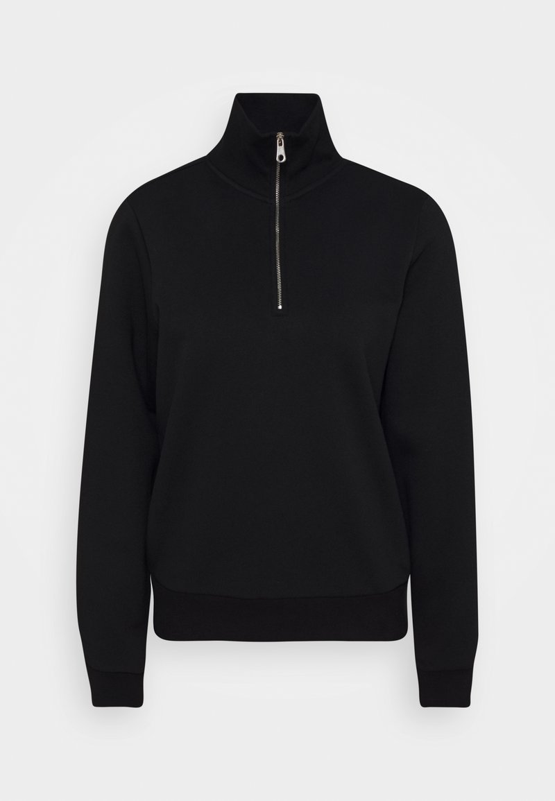 Felpa nera con collo alto e mezza zip anteriore. Tessuto morbido, polsini e fascia in vita a coste con una texture liscia.